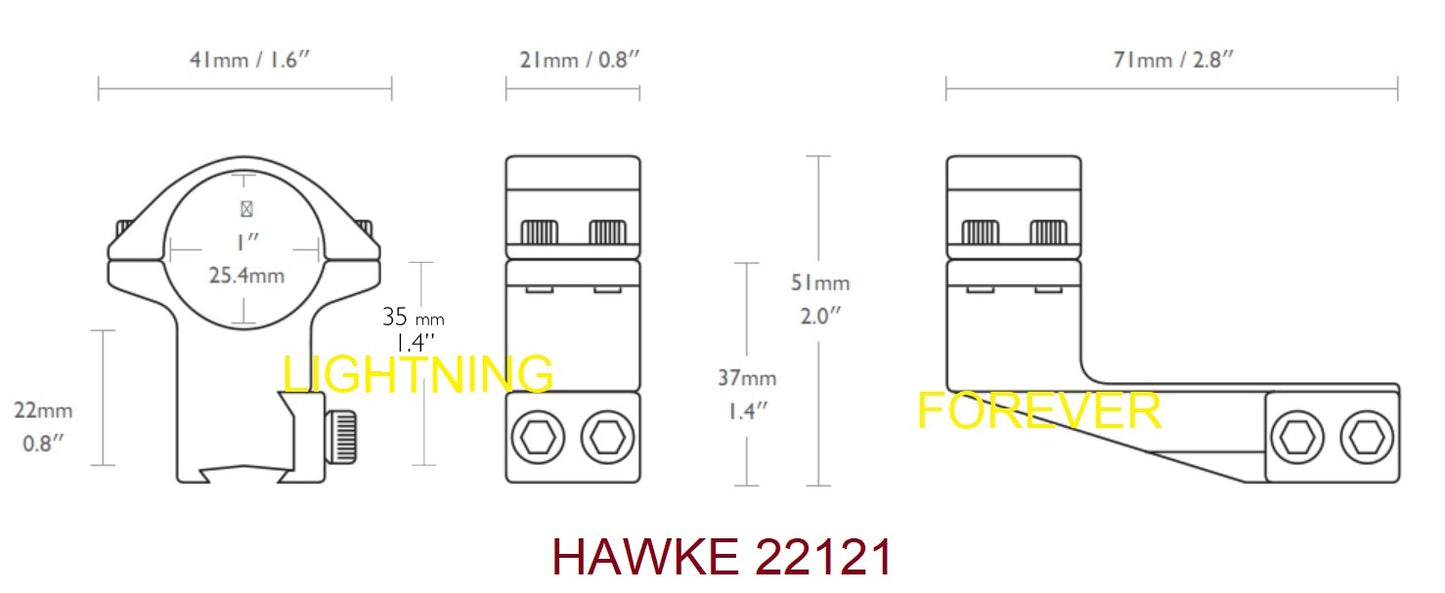 Colliers sur montage décalé de 2" (50.8 mm) - anneaux 25.4 mm pour rail 9-11 mm profil haut - HAWKE Match