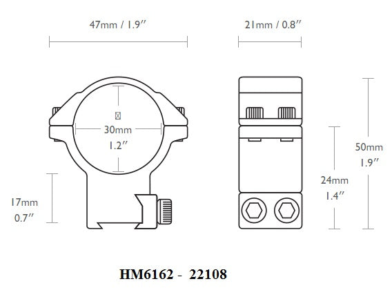 Colliers de montage HAWKE Série MATCH diamètre 30 mm Haut pour rail 9-11 mm