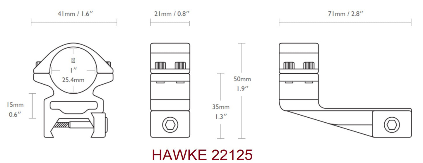 Montage décalé de 2" (50,8 mm) avec anneaux 25.4 mm HAUT avec rail 21mm weaver picatinny - HAWKE