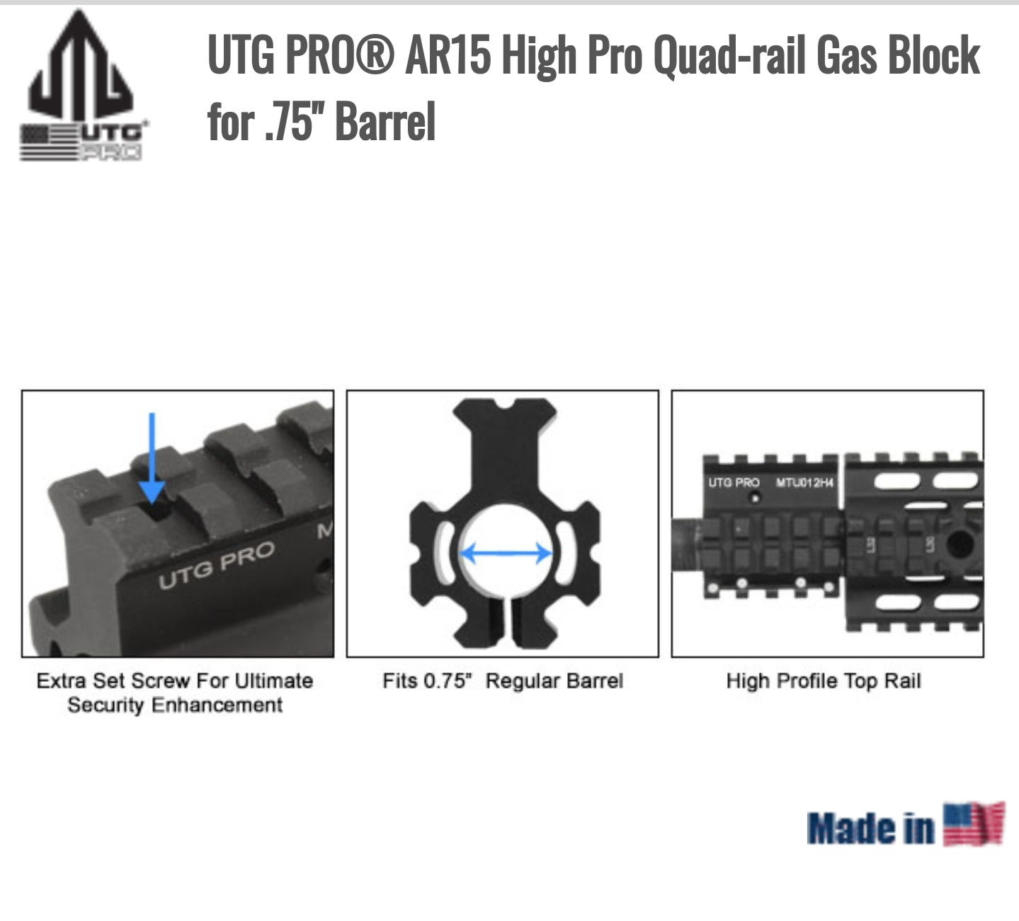 Quad-rail Gas Block haut pour canon .75" - rails picatinny pour AR15 - UTG PRO (T42MTU012H4)