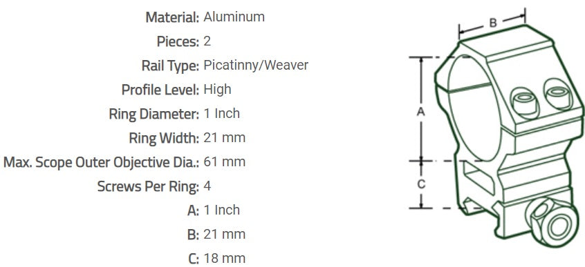 Colliers de montage UTG ACCUSHOT Diam 25,4mm / 1" HAUT pour rail 21 mm Picatinny (Anneaux de montage 1" )
